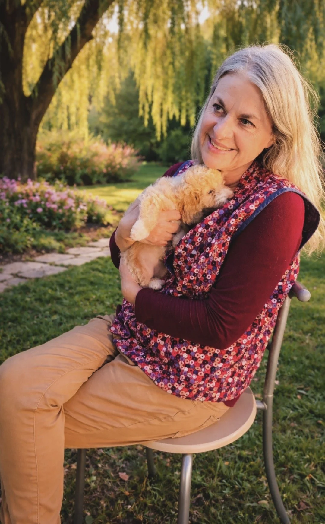 Beautiful, silver haired, mature woman holding a fluffy black puppy on a wooden porch.