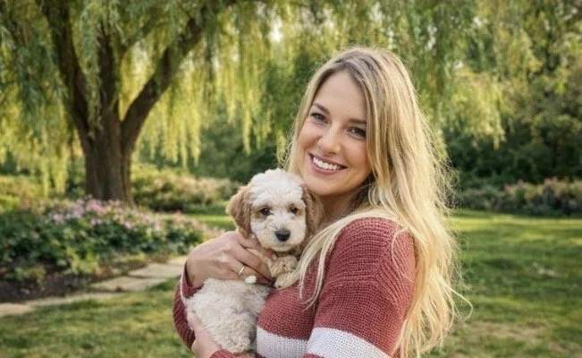 A smiling woman with long blonde hair holding a small fluffy puppy outdoors in a park with green trees and flowers.