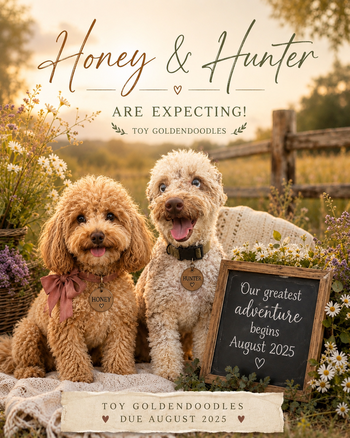 Two curly-haired puppies with tags that say "Honey" and "Hunter" sit outdoors among daisies and wildflowers, with a sunset backdrop and a chalkboard sign announcing their expected arrival in August 2025.