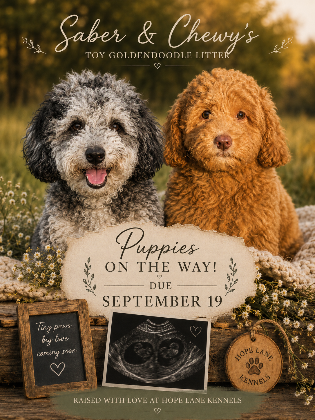 A photo of two cute puppies, one with curly brown fur and the other with black, white, and gray curly fur, sitting outdoors with trees and flowers in the background. Overlaid text announces a toy golden doodle litter arriving on September 19, with a sign indicating 'Puppies on the way!' and 'Tiny paws, big love coming soon.' There is also an ultrasound image and branding for Hope Lane Kennels.