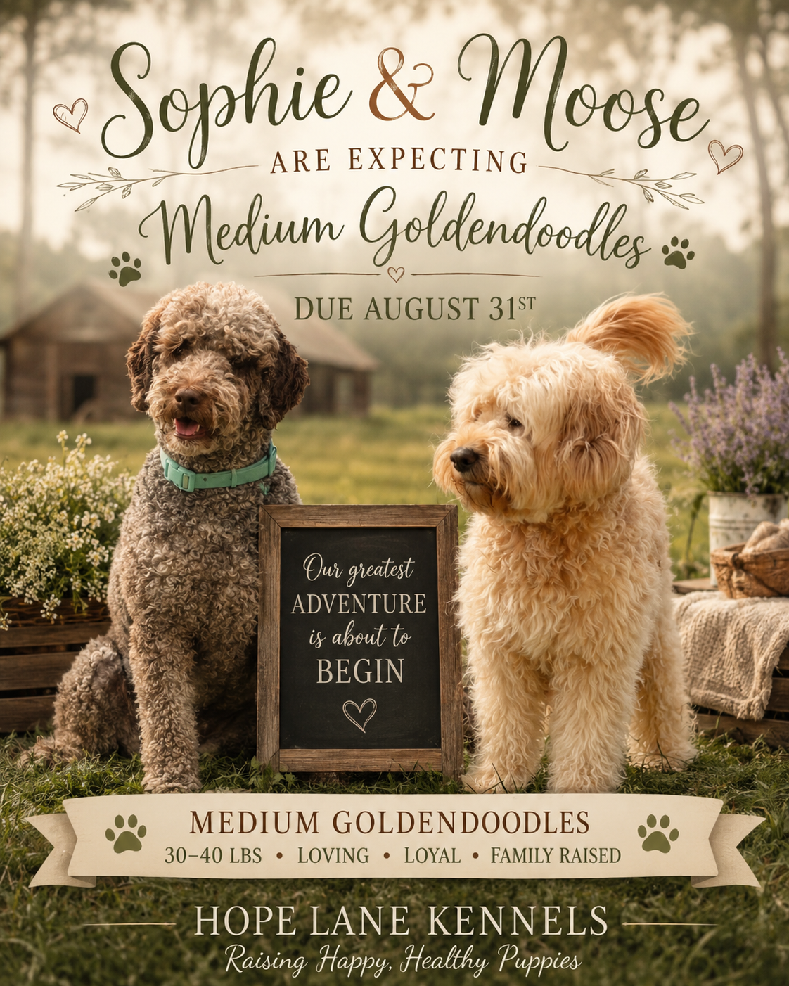 A pregnancy announcement poster from Hope Lane Kennels featuring two golden doodle dogs outdoors with flowers and a rustic barn in the background. The poster announces that Sophie and Moose are expecting medium-sized golden doodles due August 31st. It includes information about the puppies' weight, temperament, and the kennel's motto.