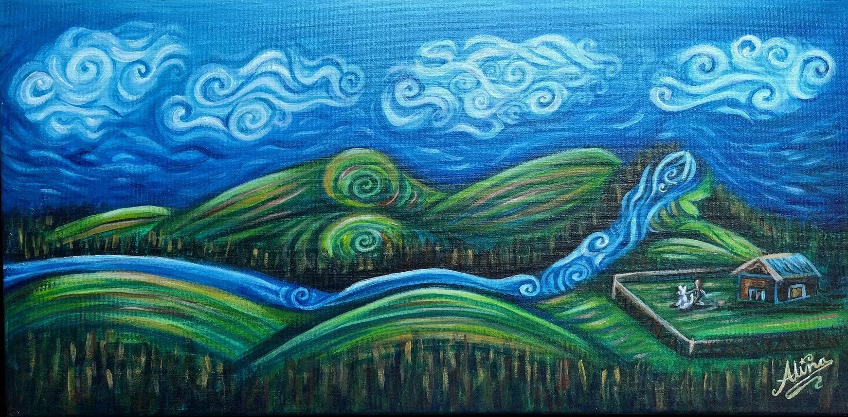 Mini Lady in the Hillside Painting