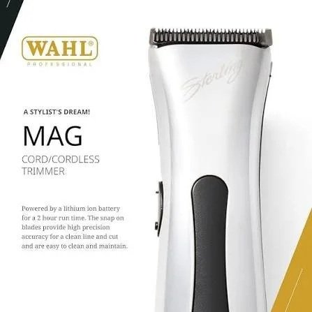 Packaging box for WAHL Mag Cord/Cordless Trimmer, featuring an image of the trimmer with a black and white design, and text describing it as powered by a lithium-ion battery for a 2-hour runtime.
