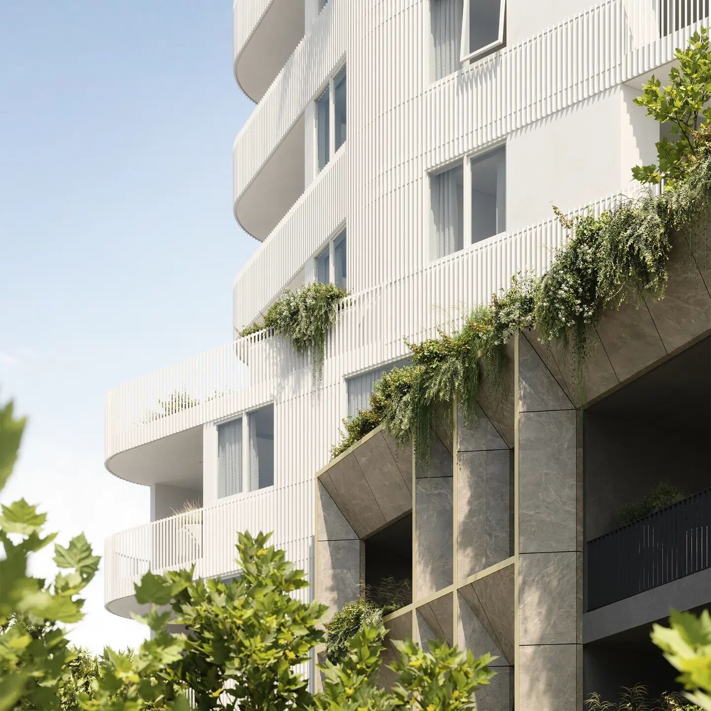 Our design for Foret Nedlands features a refined white batten tower delicately balanced with a warm textural marble clad podium. The connection between these two elements is further articulated with lush, cascading landscaping. Project launching soon