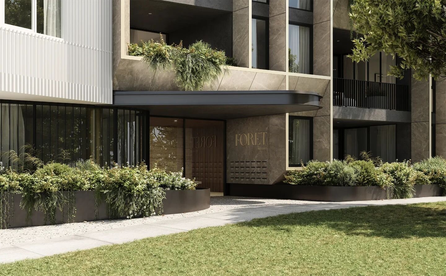 The entry of For&egrave;t Nedlands uses warm, textural materials, sculptural forms and lush landscaping to gently engage with the street.

Project launching soon and starting construction later this year. 

@jonesrealty_projects
@housebusinessgroup 
