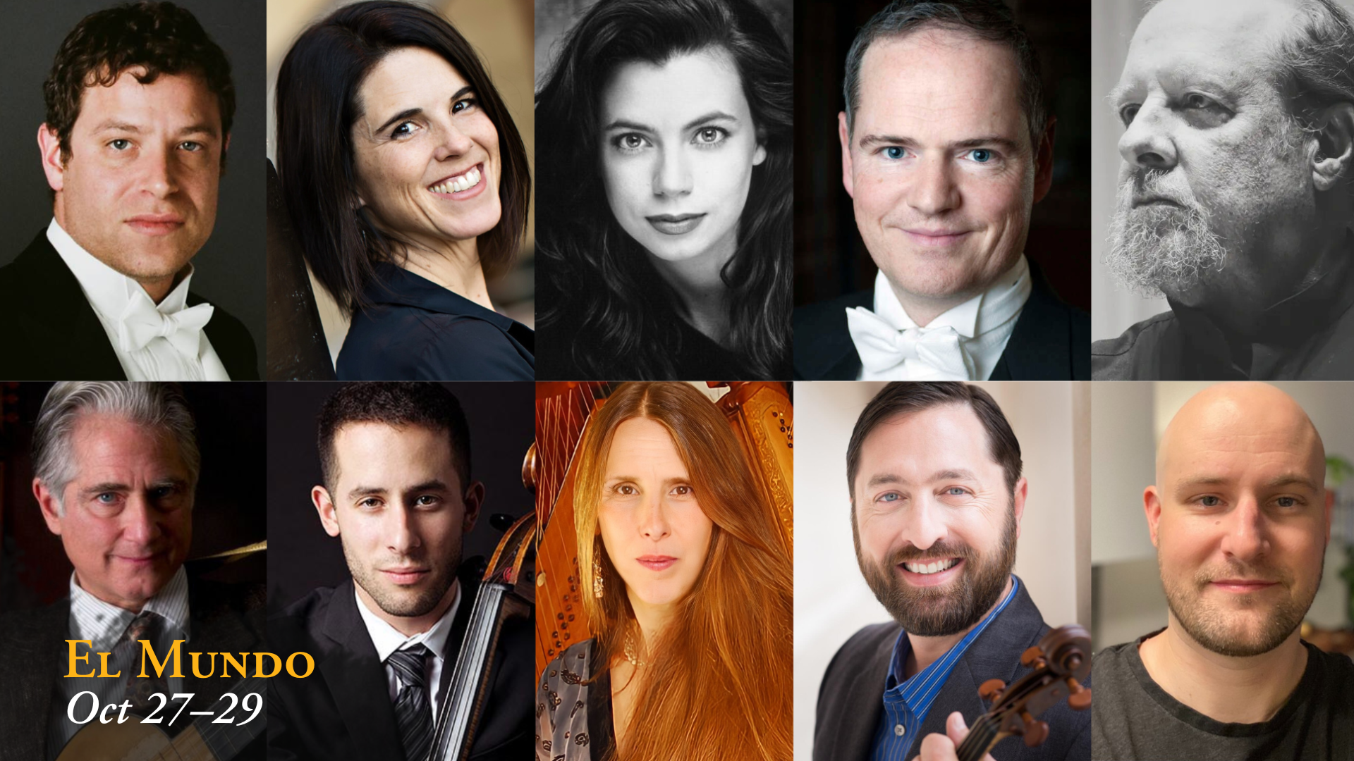 Collage of ten professional headshots of musicians and performers, with text "El Mundo Oct 27-29" in the bottom left corner.