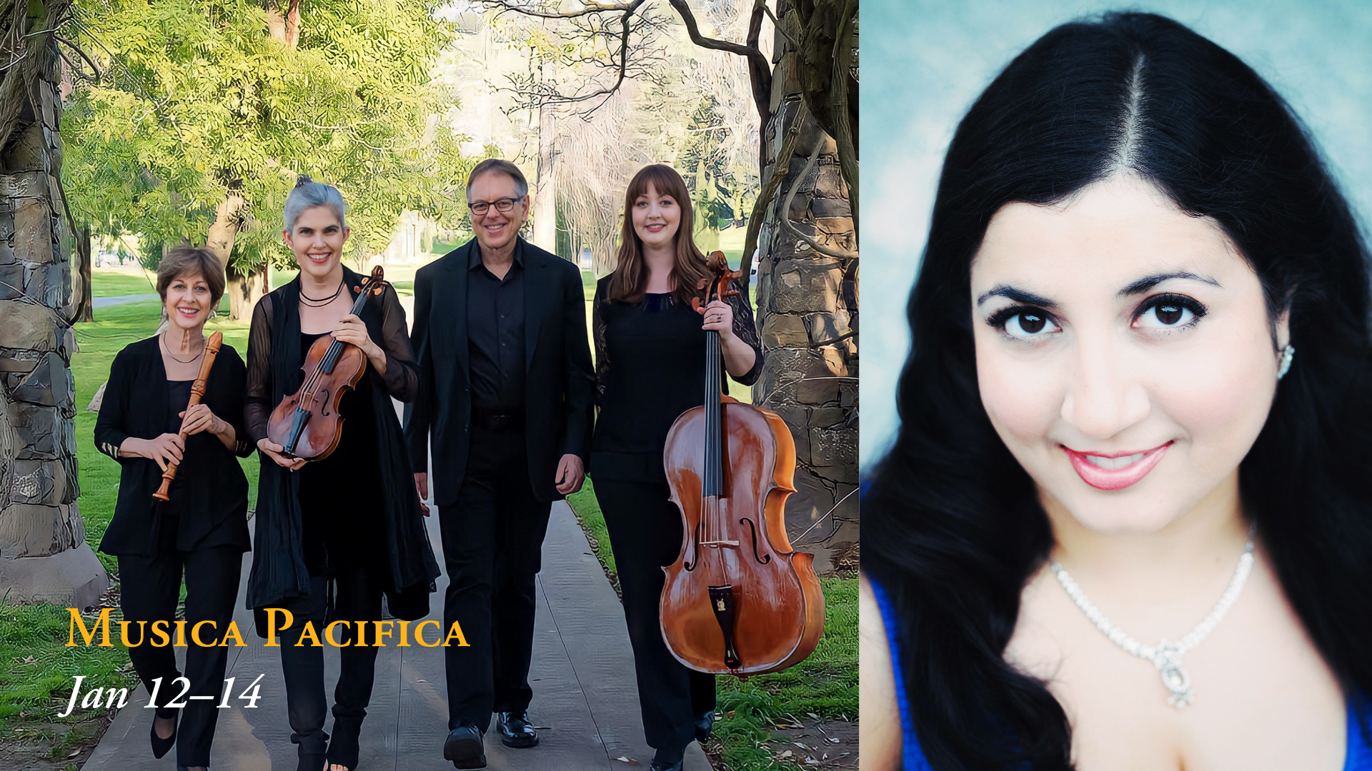 Left side: a group of four musicians holding string and wind instruments walking on a park path with trees in the background; right side: a close-up portrait of a woman with dark hair, smiling, wearing a blue outfit and a diamond necklace.