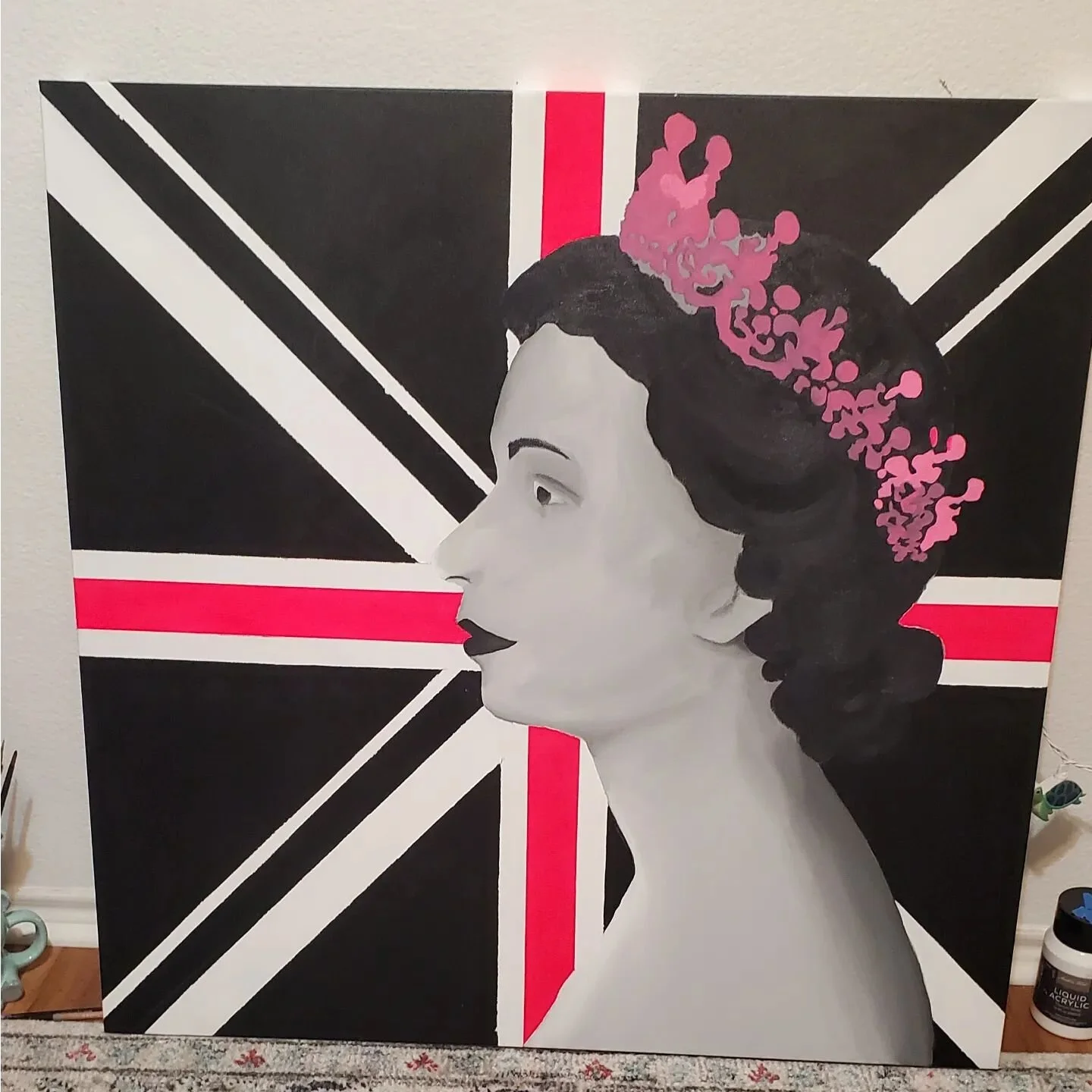 Current WIP - 36x36 inches. Still got a lot of work to go, but she's getting there. 

#artworkinprogress #artofrobotsparkles #queenelizabeth #acryliconcanvas #acrylicportrait #workinprogressart #thecrown #thequeen