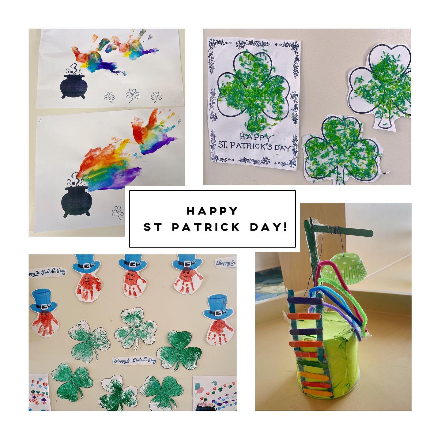 Happy St Patrick&rsquo;s Day from Beams! 
Attached are some photos of the art made by the children today 

🌈 Nursery: Pot-of-gold rainbow handprints art
🍀 Toddlers: Green rice clovers 
🎩 Kindy: Handprint leprechauns &amp; painted clovers. *As a bo