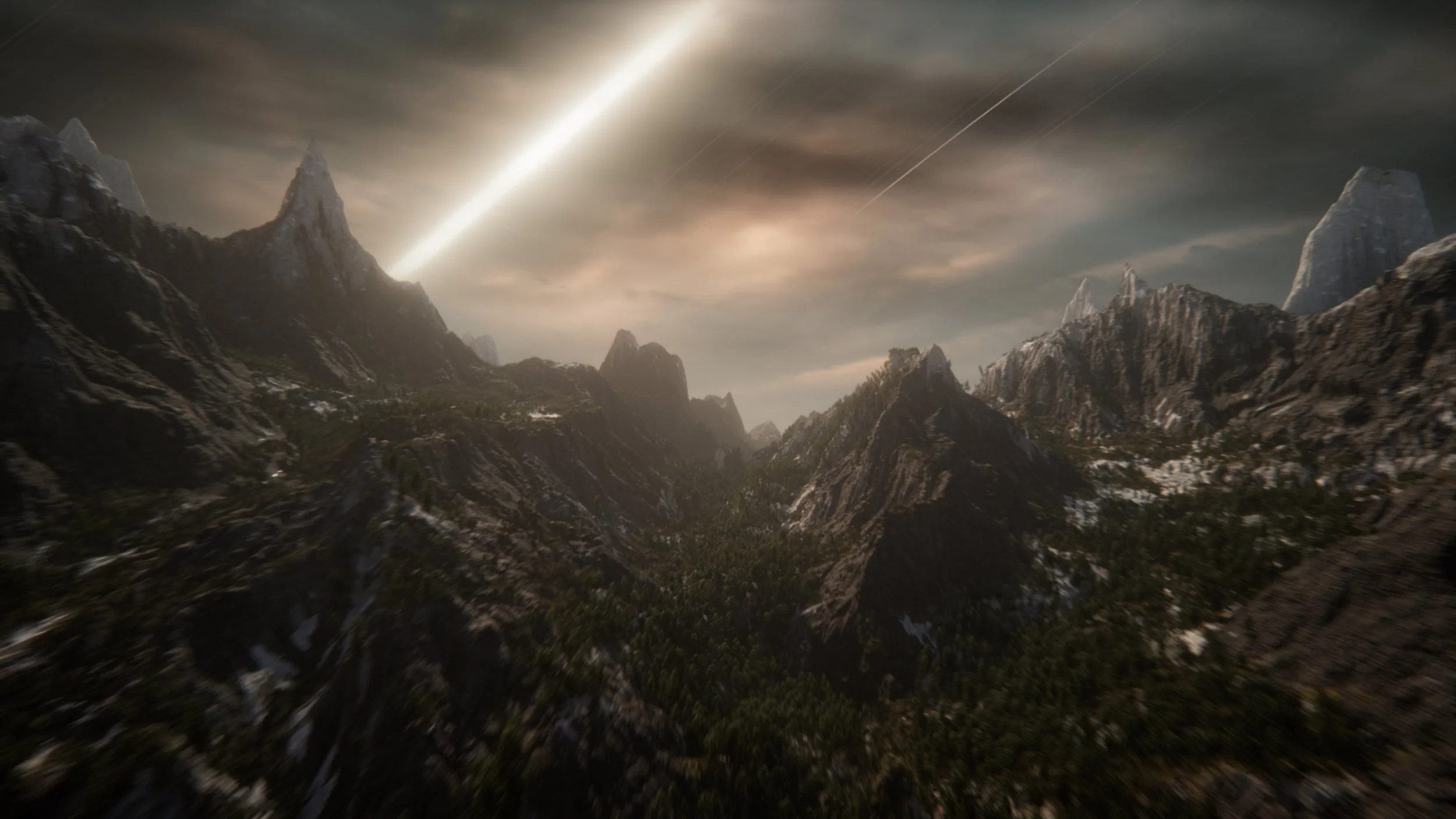 A mountain landscape beneath a stormy sky, from the Netflix series The Dinosaurs