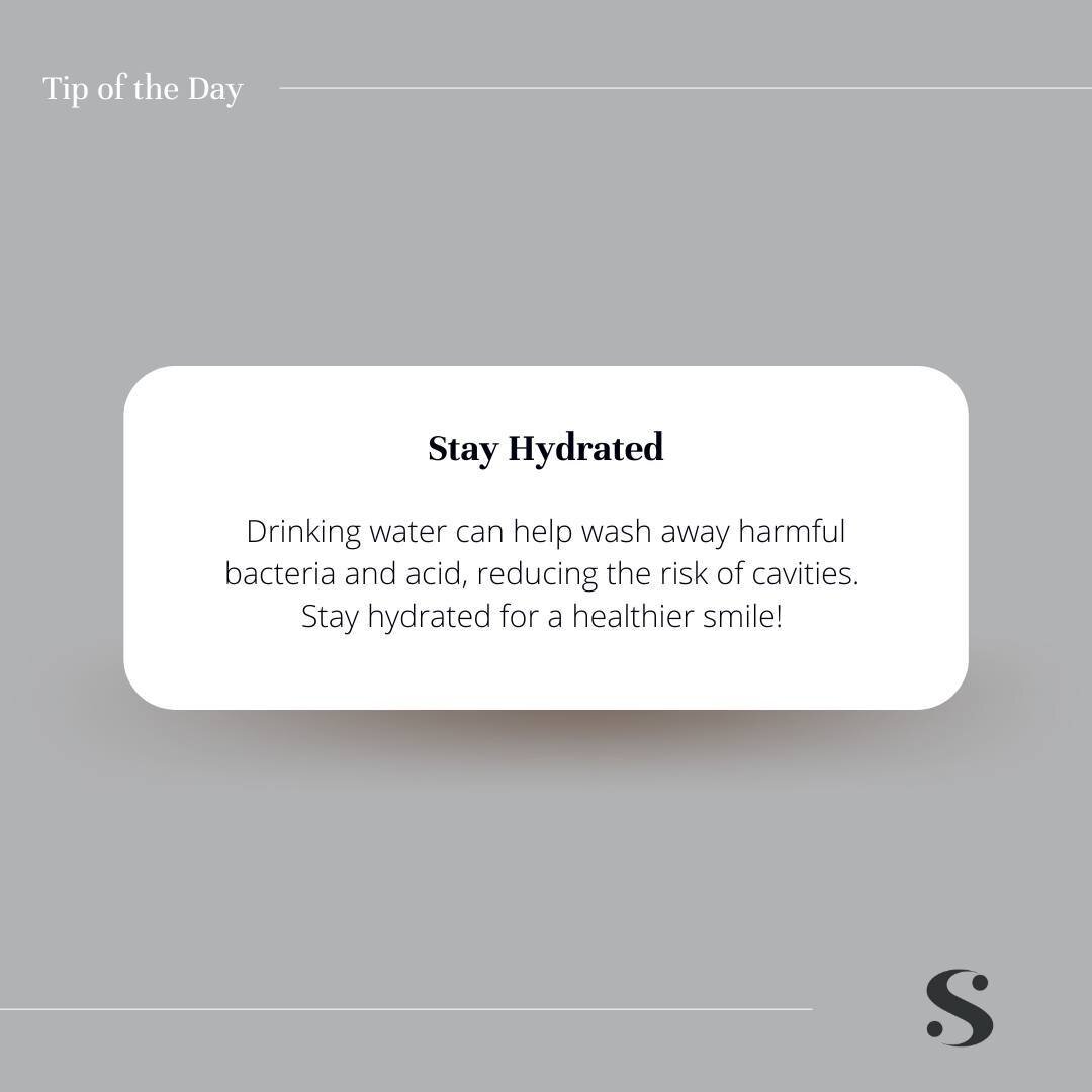 Tip of the Day: keep a bottle of water close by! 💦

Drinking water keeps you hydrated and helps wash away harmful bacteria and acid, reducing the risk of pesky cavities.

Stay proactive in your oral health routine and enjoy a healthier, happier smil