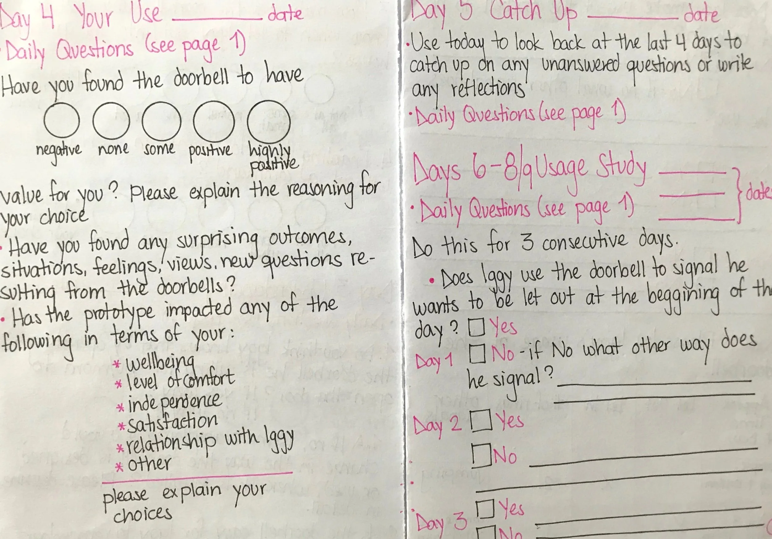 28 Day In-Home Study User Diary Exerpt