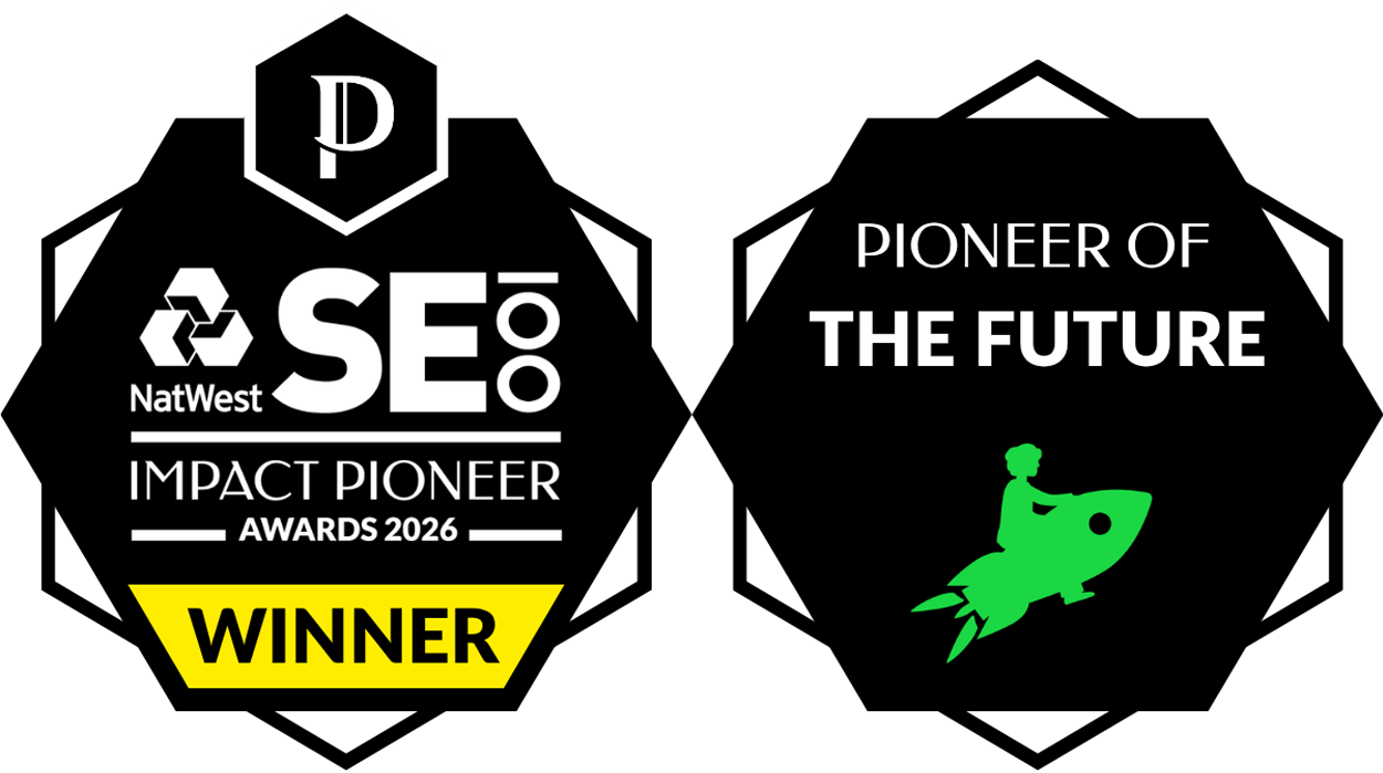 Winner badge for the NatWest SE100 Impact Pioneer Awards 2026, recognising a Pioneer of the Future award recipient.