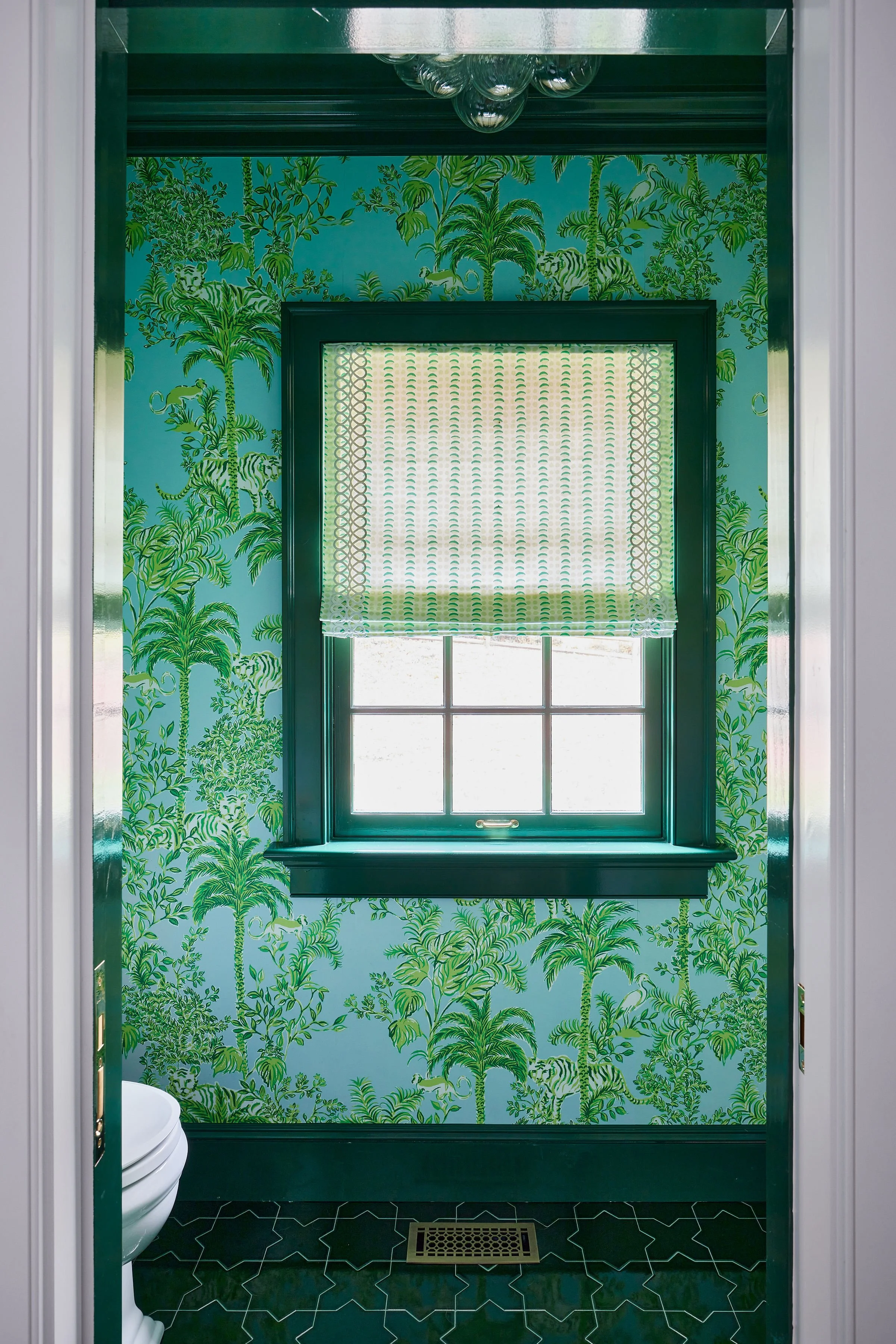 Powder Room, Wallpaper, Green, Window Treatments, Roman Shade, Parker Bowie Larson, Interior Design, Laurel Hollow, Photography by Julia D'Agostino