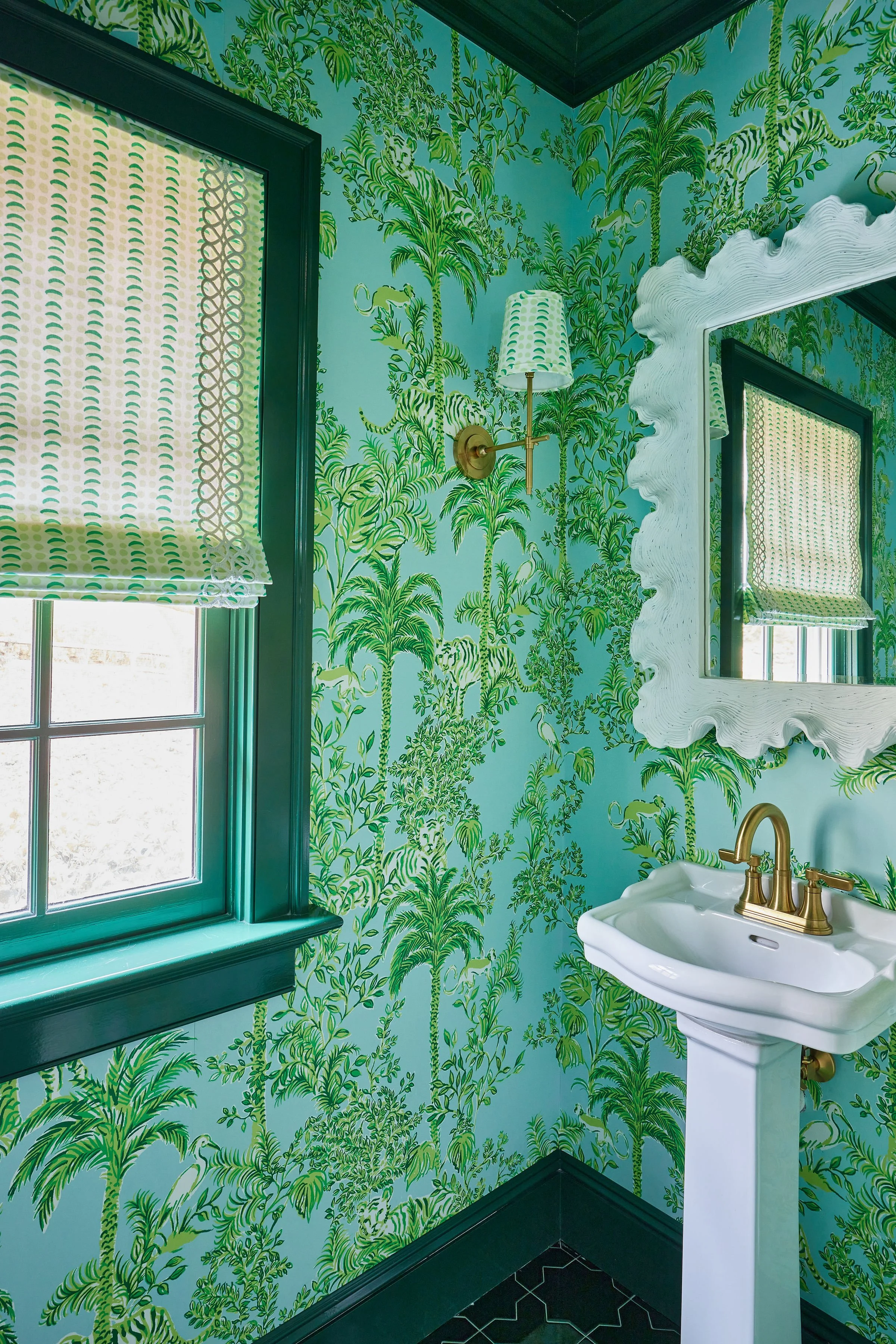 Powder Room, Wallpaper, Pedestal Sink, Green, Mirror, Parker Bowie Larson, Interior Design, Laurel Hollow, Photography by Julia D'Agostino
