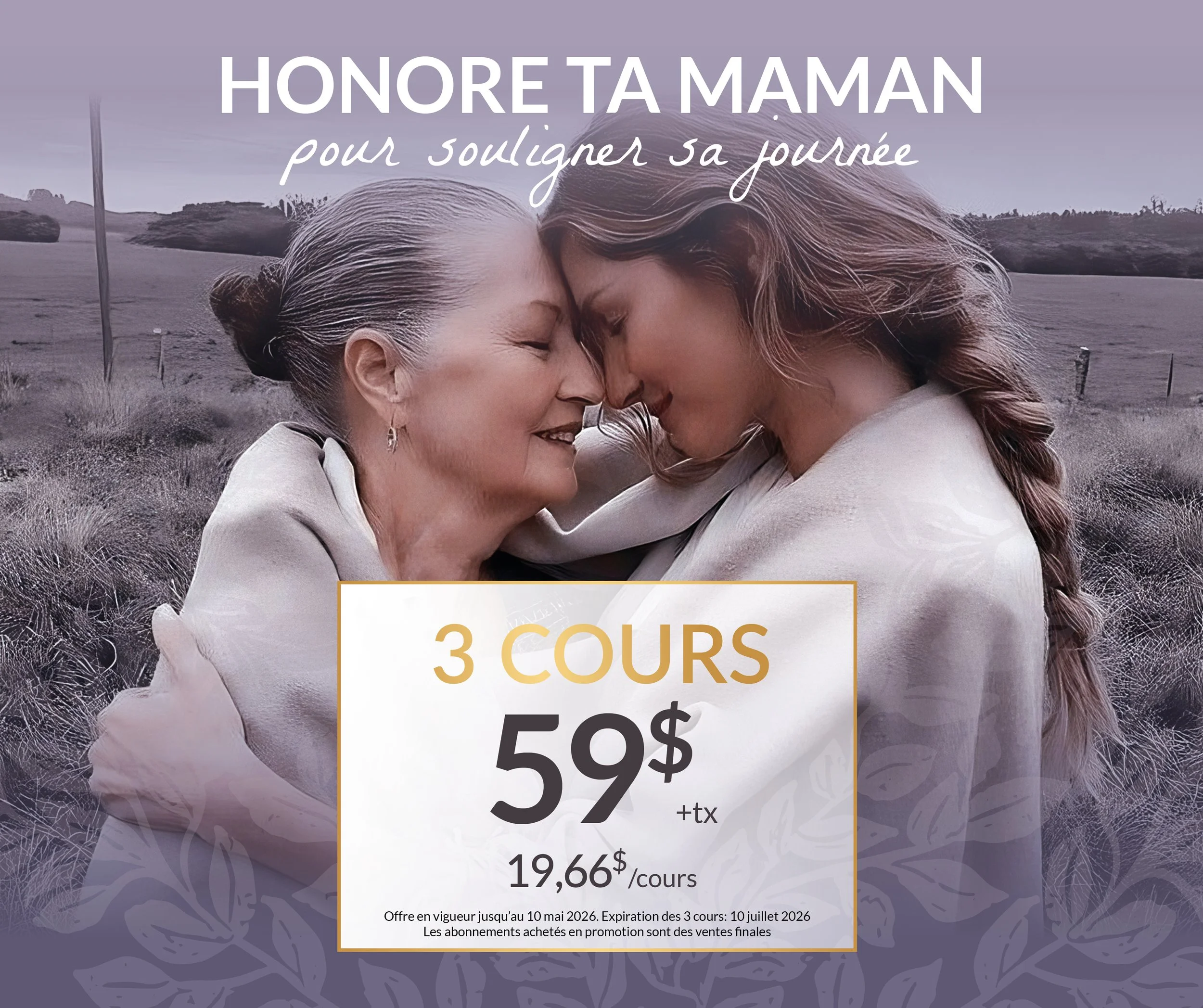 Deux femmes se touchent le front, souriantes, sur un paysage rural. La image est en noir et blanc avec un texte promotionnel en français indiquant une offre spéciale de cours à prix réduit.