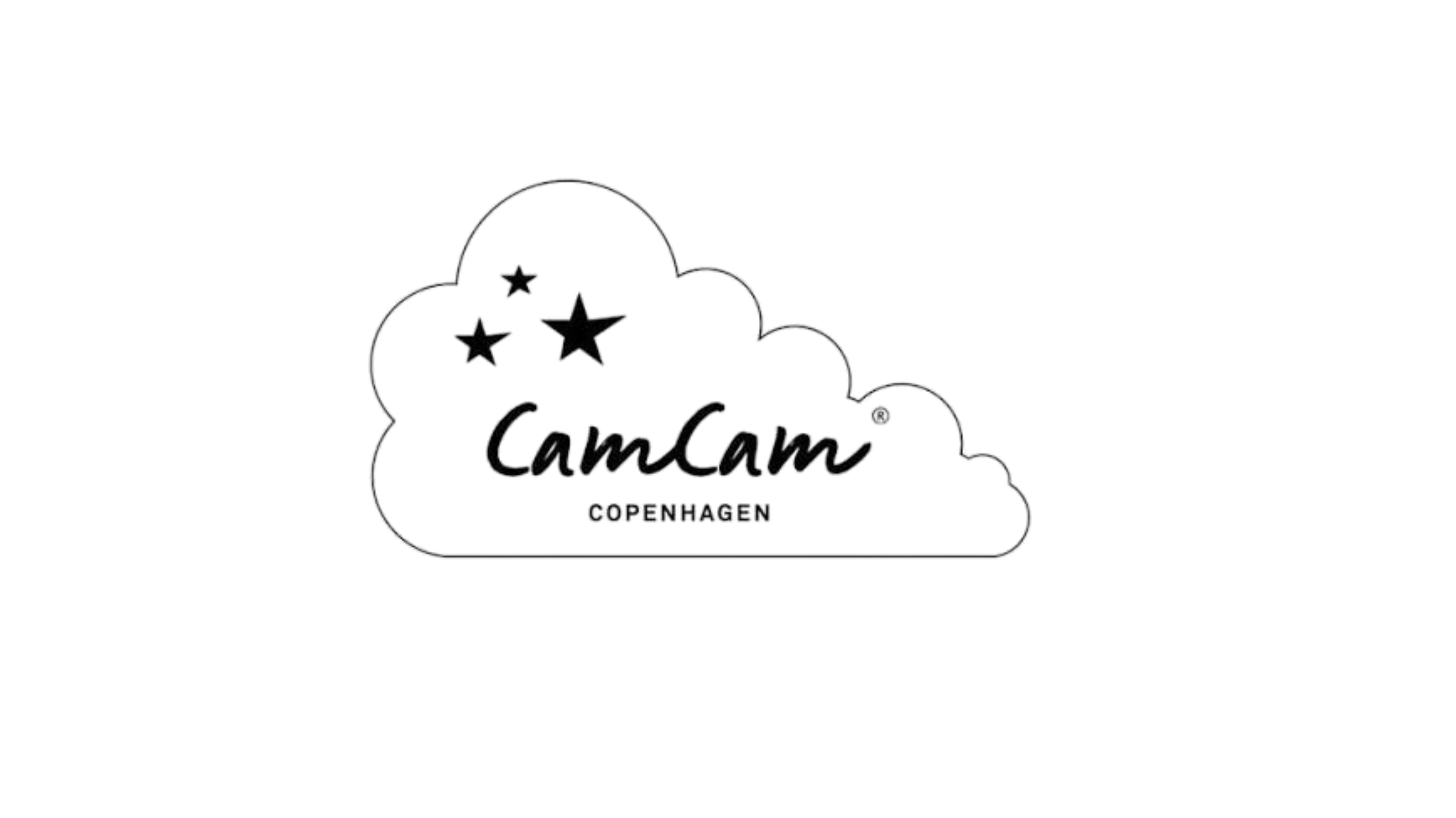 Logo af CamCam Copenhagen med en sky med tre stjerner ovenover og teksten 'CamCam' skrevet i kursiv, med 'COPENHAGEN' under.