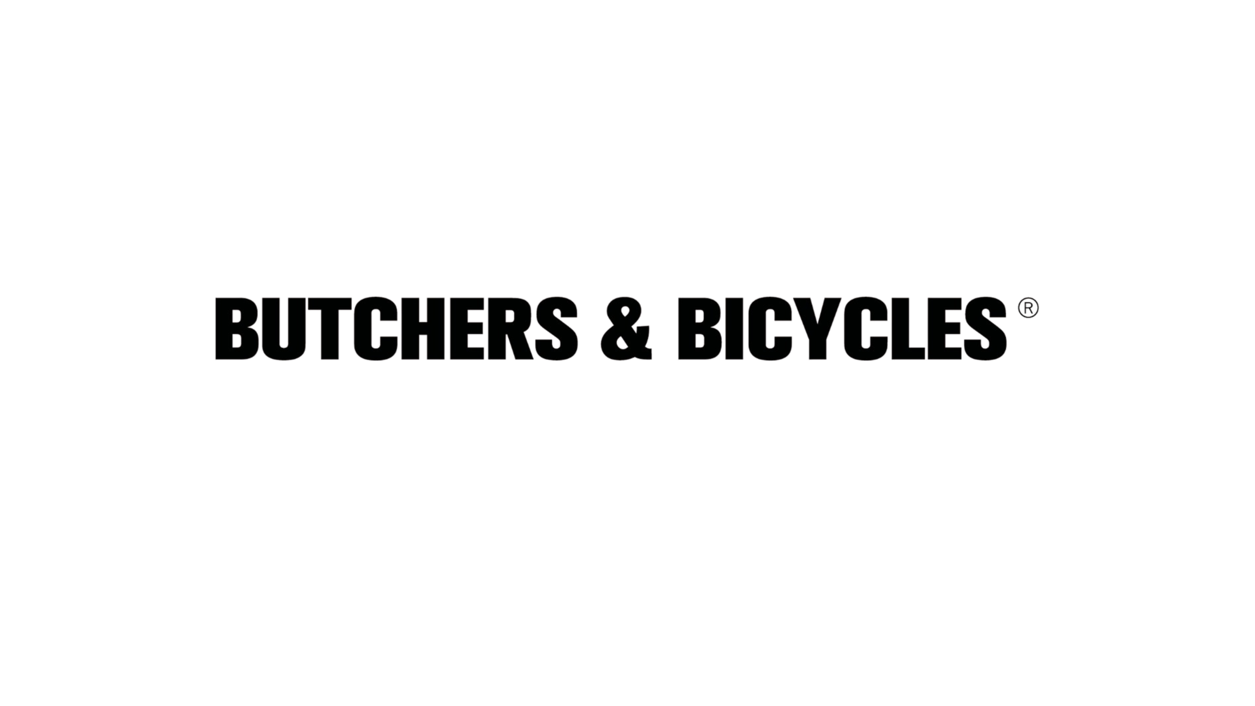 Sort hvid baggrund med teksten 'BUTCHERS & BICYCLES' i sort, fed skrift.