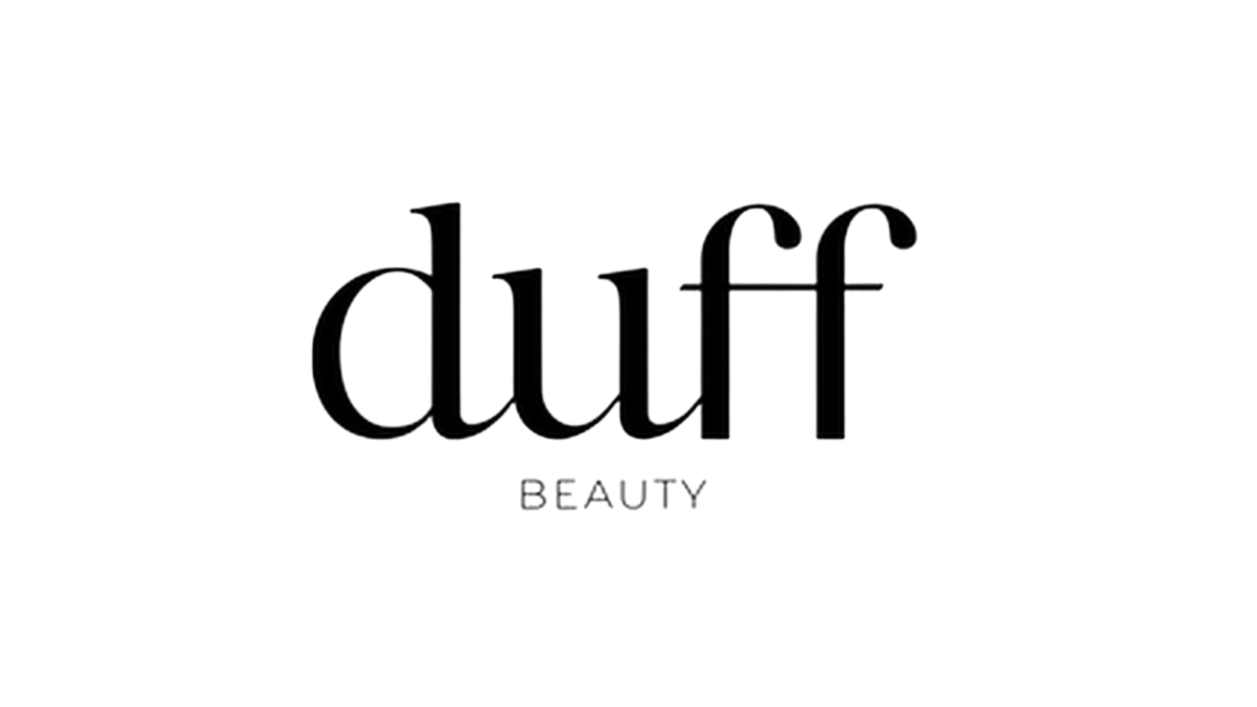Logo for Duff Beauty med sort skrifttype på hvid baggrund