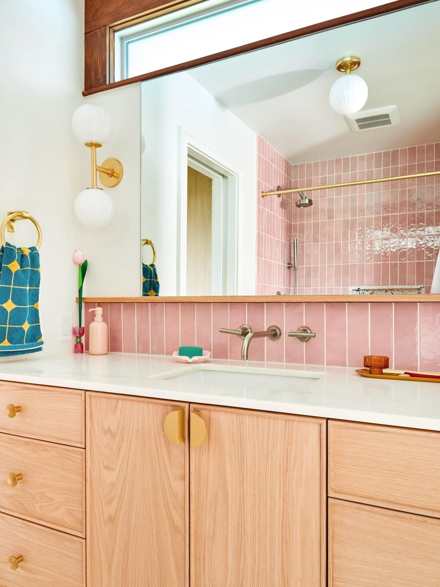 Pink bathroom details with @rejuvenation lighting 💡 at our newly completed Vaquero project in Santa Barbara 🌸

Design + Build: @kellowconstruction 
Custom Vanity: @milesruckercustom 
📸: @leelacyd + @ill_have_what_shes_having