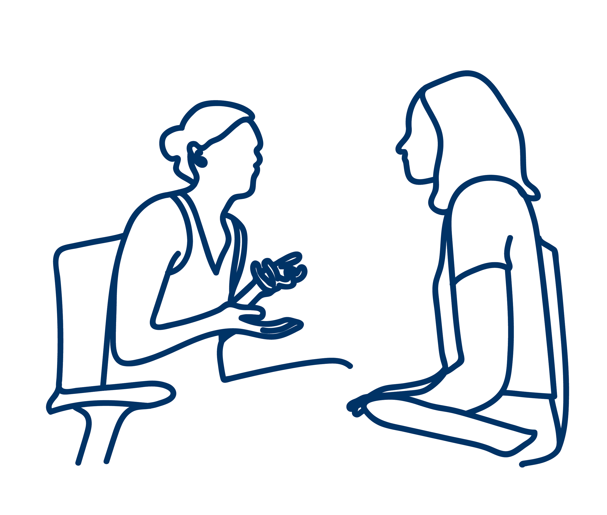 line drawing of two women in conversation