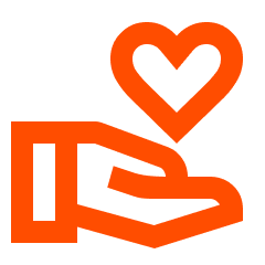 Stylized icon of a hand holding a heart in orange color.