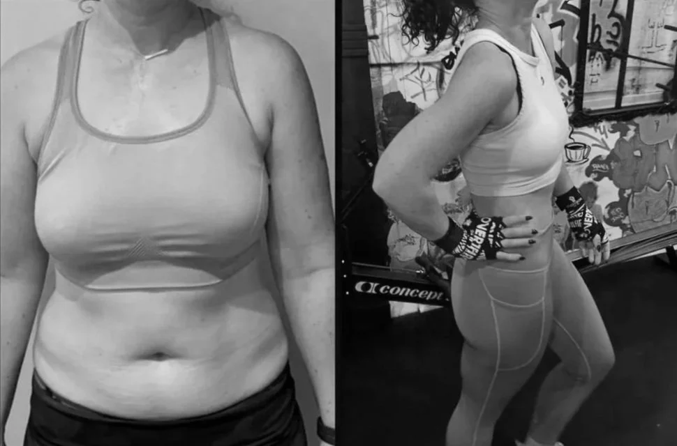 Side-by-side black-and-white photos of a woman in fitness attire, showcasing her body before and after workout or weight loss.