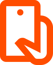 Stylized icon of a hand holding a smartphone in orange color.