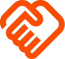 Stylized icon of two hands shaking in orange color.