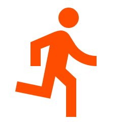 Stylized icon of a running figure in orange color.