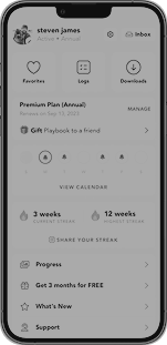 Screenshot of a mobile app profile page with the name Steven Janes, showing sections for Premium Plus, Gift Playbox, View Calendar, Progress, What's New, and Support.