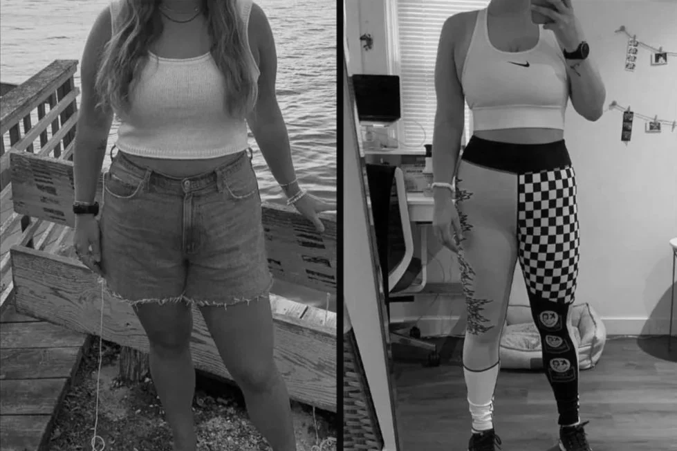 Side-by-side comparison of a woman in casual summer attire on the left and athletic wear on the right, both taking mirror selfies.