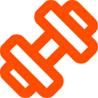 Stylized icon of a dumbbell in orange color.