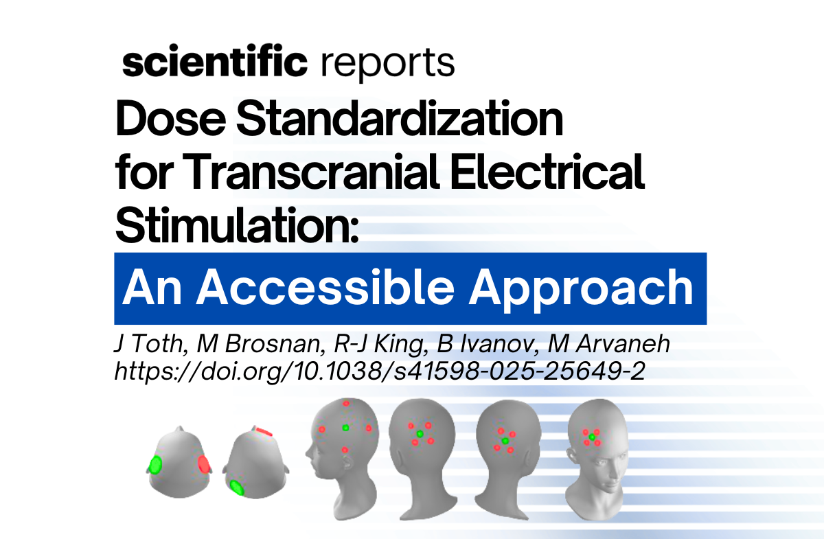 A graphic showing the title of the paper "Dose Standardization for Transcranial Electrical Stimulation: An Accessible Approach".  The journal "Scientific Reports", author names (J Toth, M Brosnan, R-J King, B Ivanov and M Arvaneh) and 3D head models