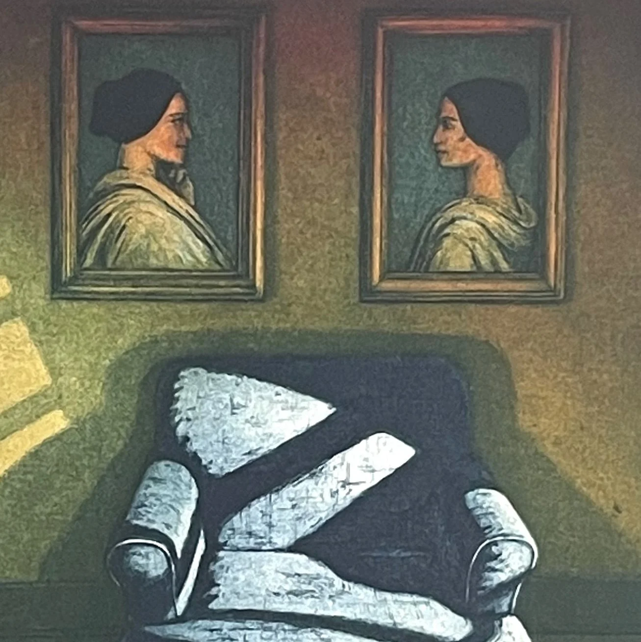 Girls talk II, Etching, Family, still life, domestic, interior, home