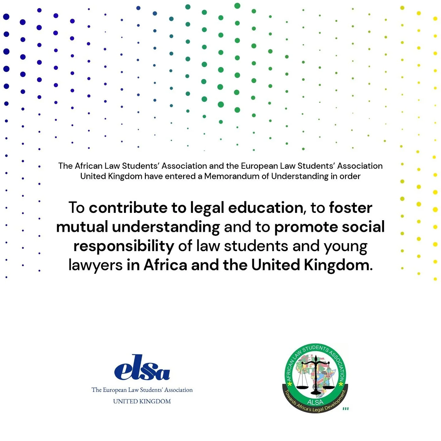 The African Law Students' Association and the European Law Students' Association United Kingdom are joining forces to bridge the connection between law students and young lawyers from Africa and the United Kingdom. 

We provide opportunities to learn