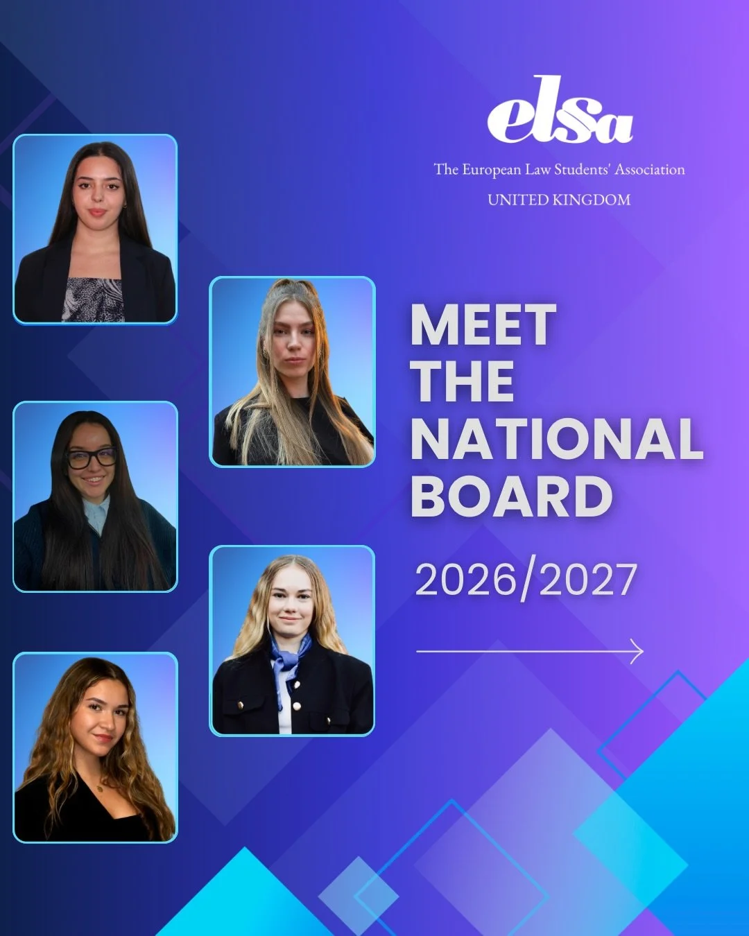 ✨Meet the National Board of ELSA UK 2026&ndash;2027!

President - Gabriela Cenuka 
Vice President in charge of Marketing - Kateryna Petreman 
Vice President in charge of Competitions - Aleksandrina P. Dumanova
Vice President in charge of Professional