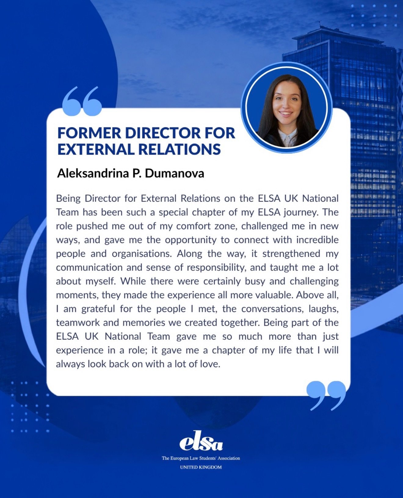 Wondering whether becoming an ELSA UK Director is for you?

We asked those who have been in the role to share what the experience was really like, what they learnt and what they took away from it.

Different people. Different experiences. One thing i