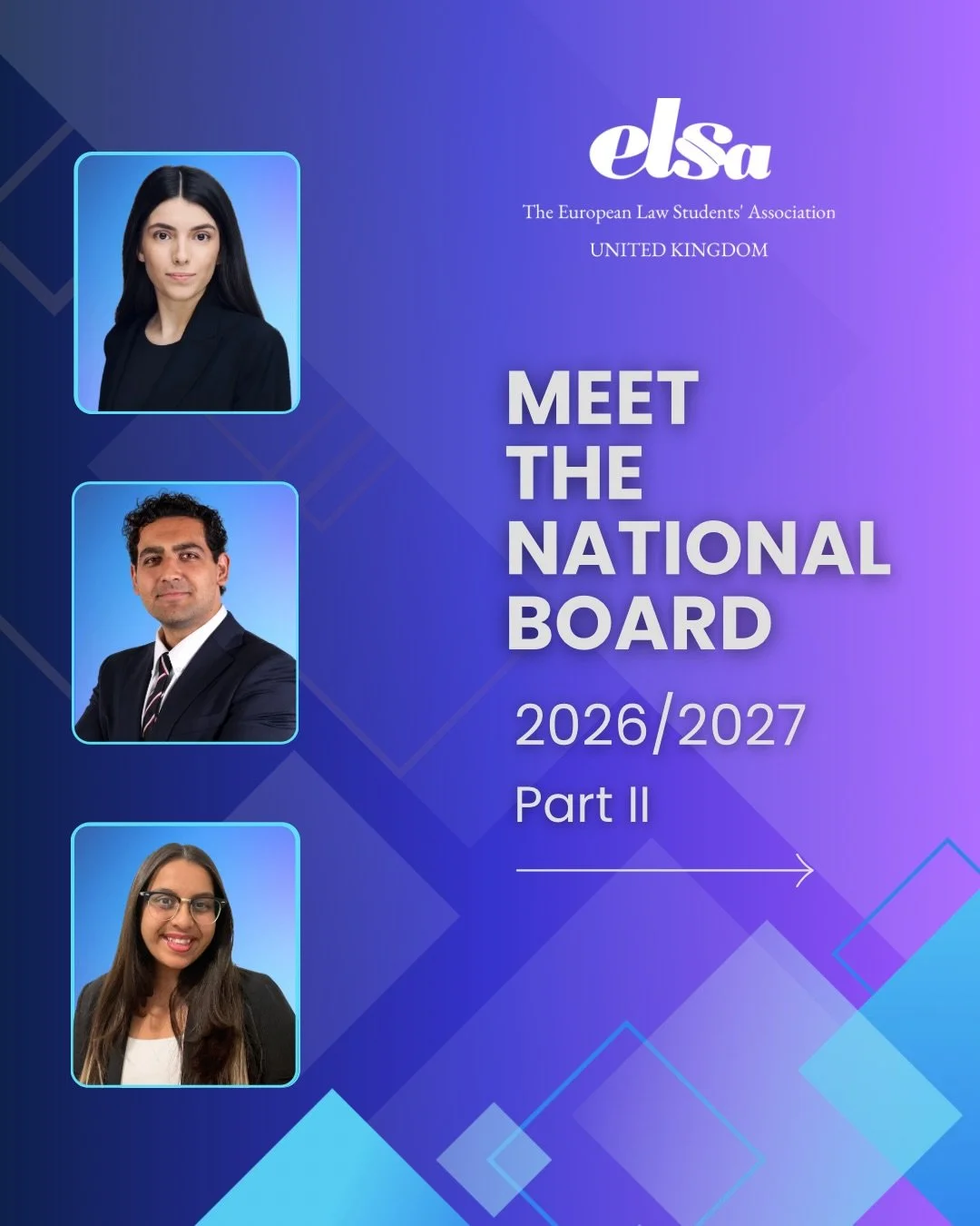 Join us in congratulating the new members of the National Board of ELSA UK 2026-2027! 🎉

Secretary General &ndash; Eva Zachariadou
Treasurer &ndash; Jeh Mukkar
Vice President in charge of Academic Activities &ndash; Selina Jassal

Wishing them a suc