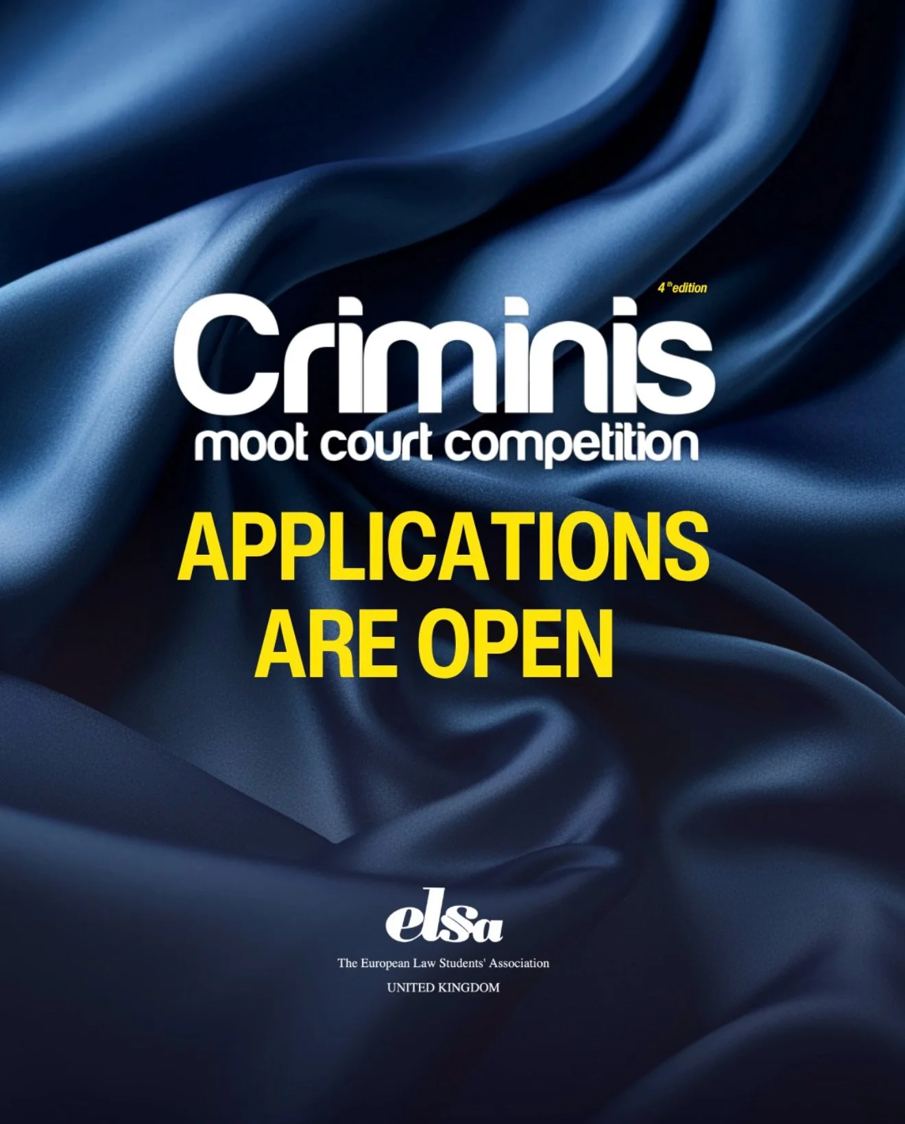 ⚖️ Applications are now open for the 4th Edition of Criminis!

The wait is over. The 4th Edition of Criminis, ELSA UK&rsquo;s Moot Court Competition, is officially open for applications.

Join us in London for two days of criminal mooting, featuring 