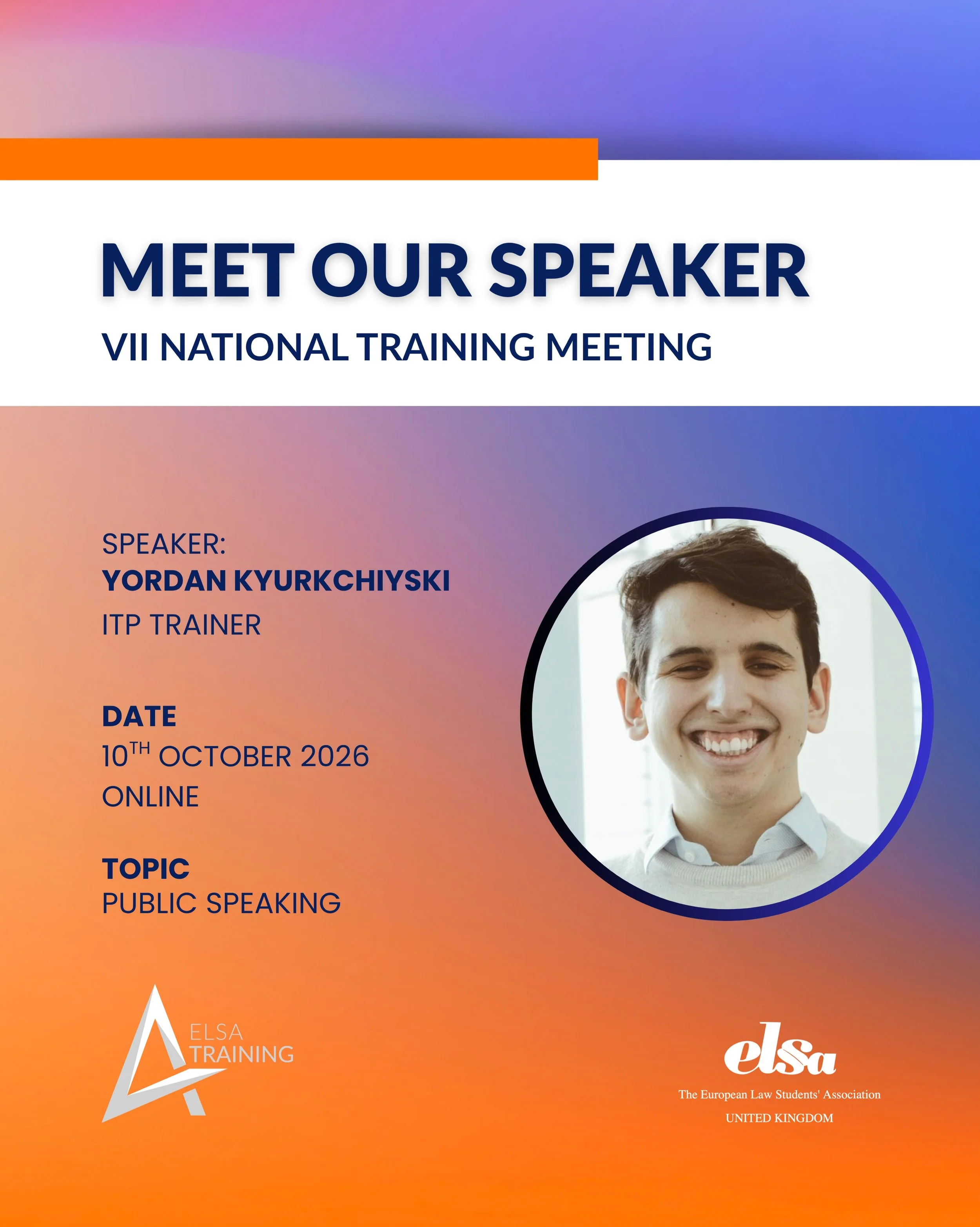 ✨ITP Trainer and ELSA Alumnus, Yordan Kyurkchiyski is joining us for the VII National Training Meeting!✨

With his extensive experience with ELSA at every level, Yordan will show us how to present and promote ELSA with confidence, and make the most o