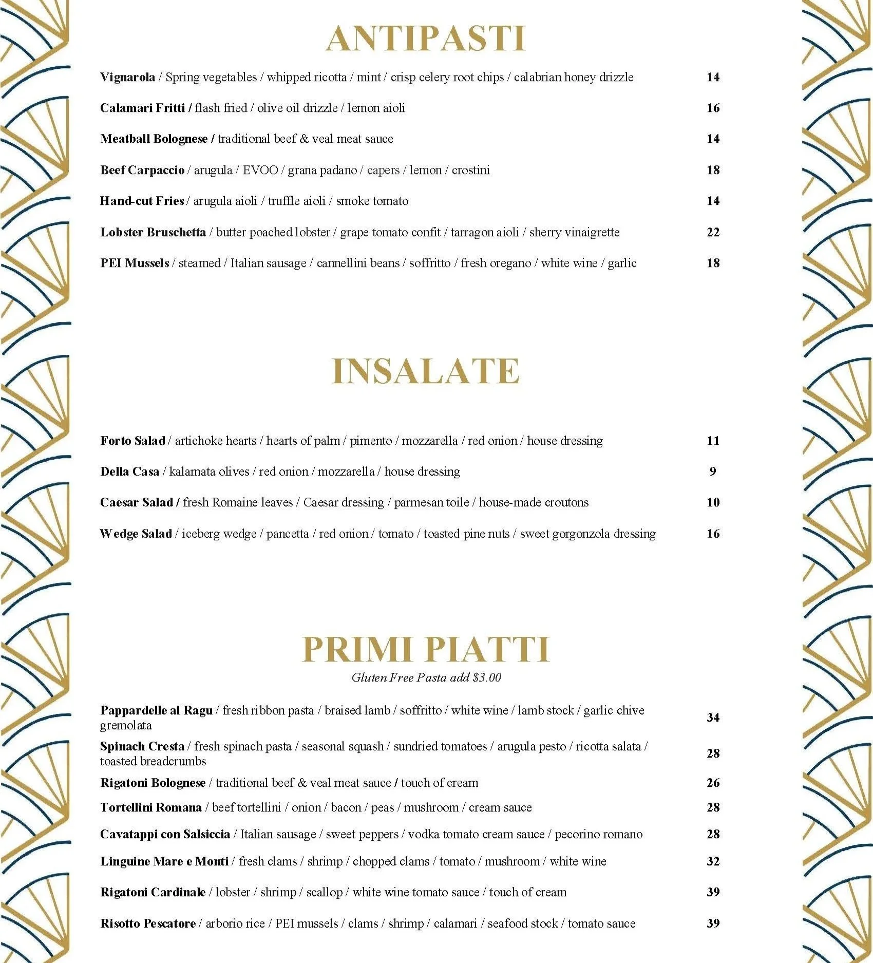 A restaurant menu with sections labeled Antipasti, Insalate, and Primi Piatti, featuring various Italian dishes and prices.