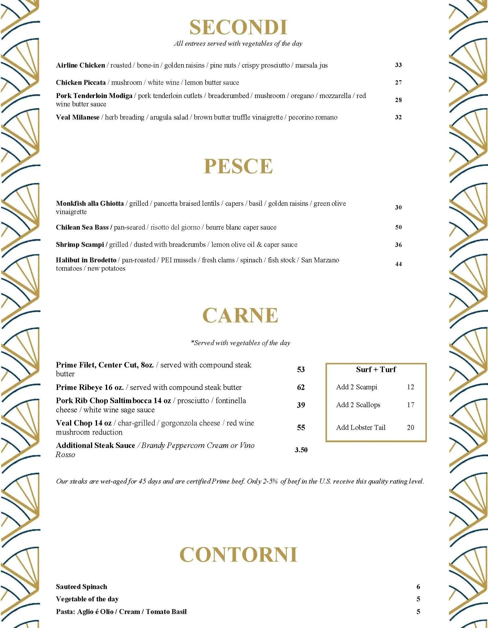 Menu with sections titled Secondi, Pesce, Carne, and Contorni, listing various Italian dishes with prices, decorative blue and gold borders on sides, and gold titles.