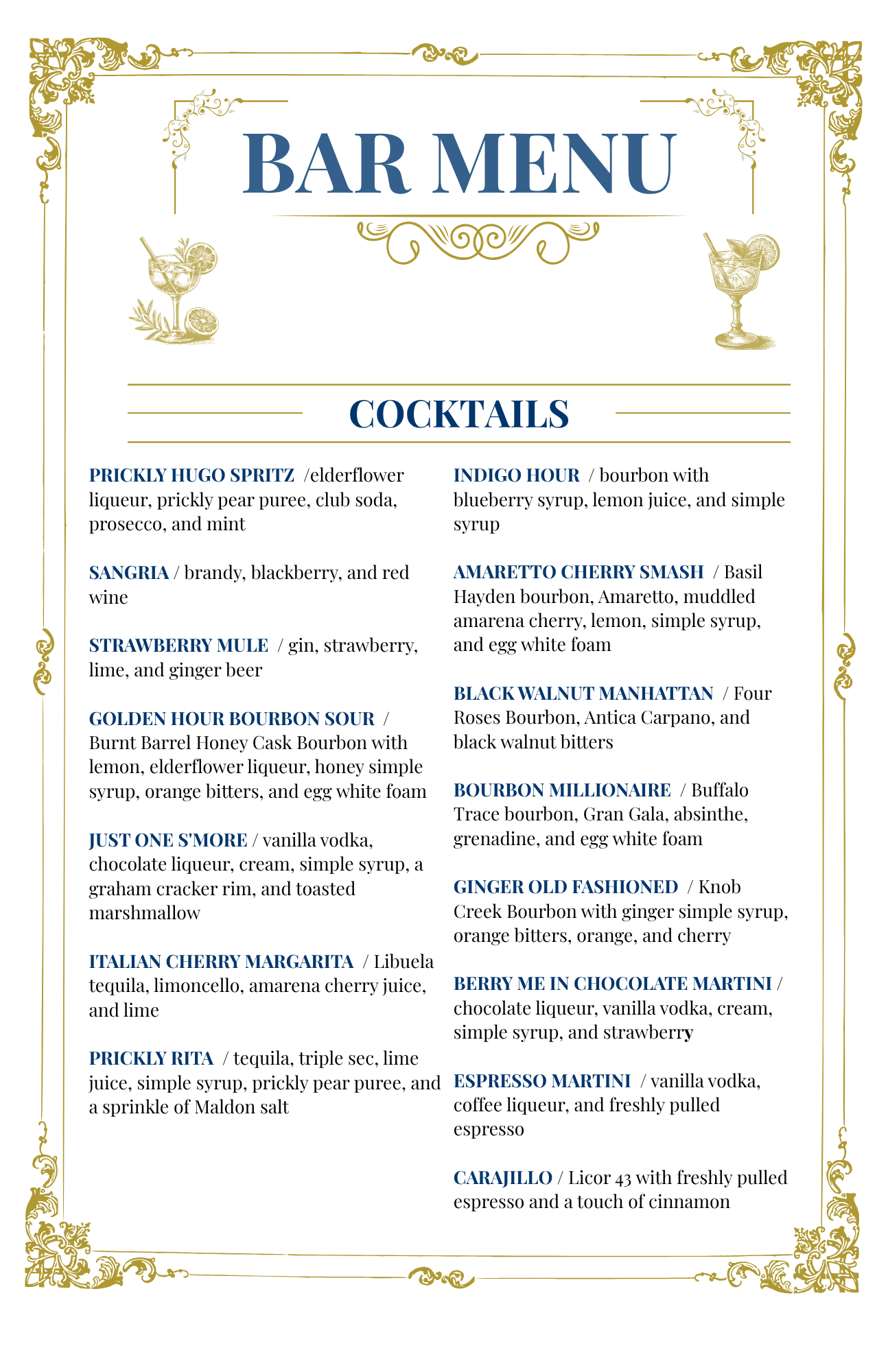 Bar menu featuring cocktails listed with ingredients and descriptions, decorated with gold floral borders and icons of drinks with lemon slices.