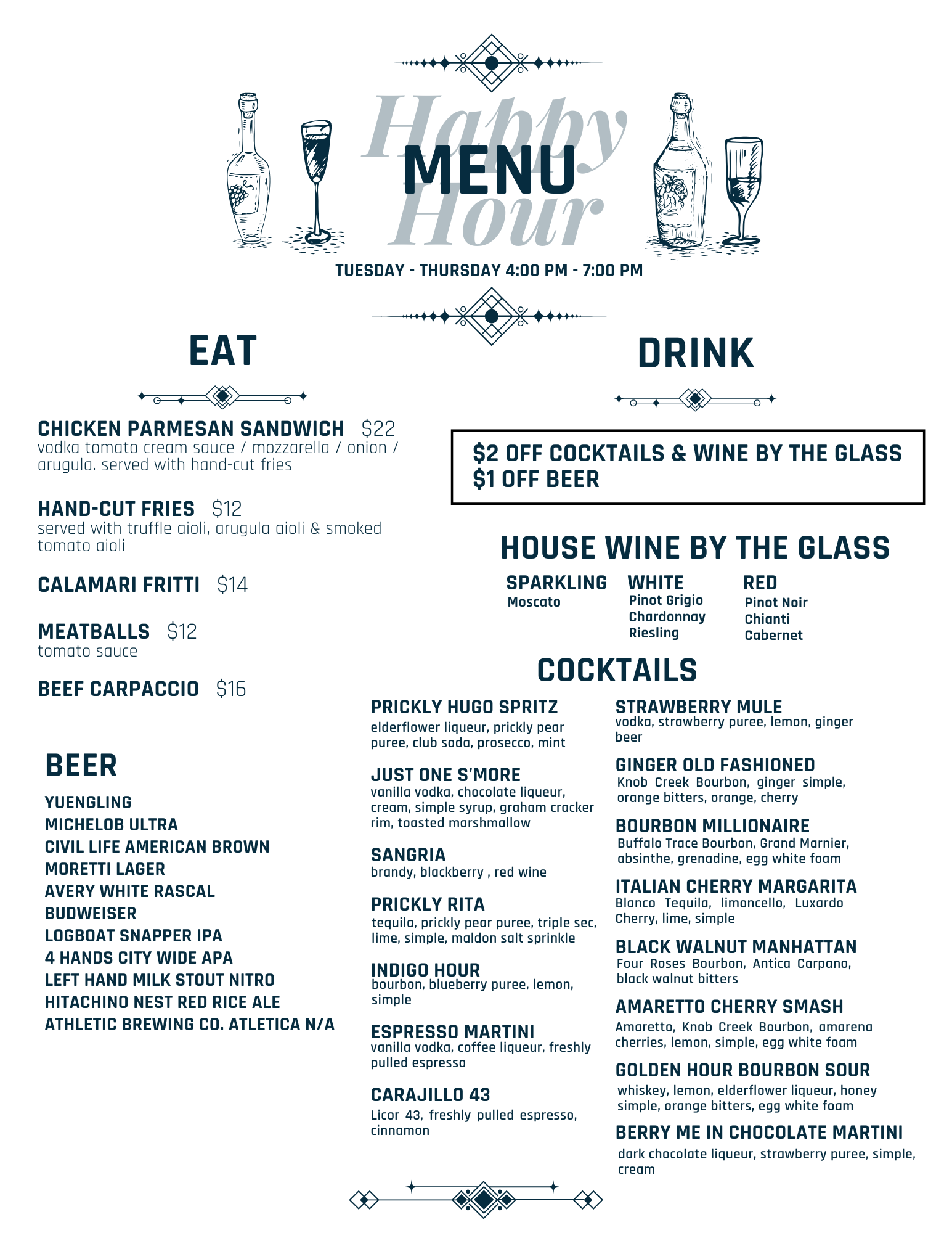 Happy hour menu with drink and food options, featuring cocktails, wine, beer, and appetizers, available Tuesday to Thursday from 4 to 7 pm.