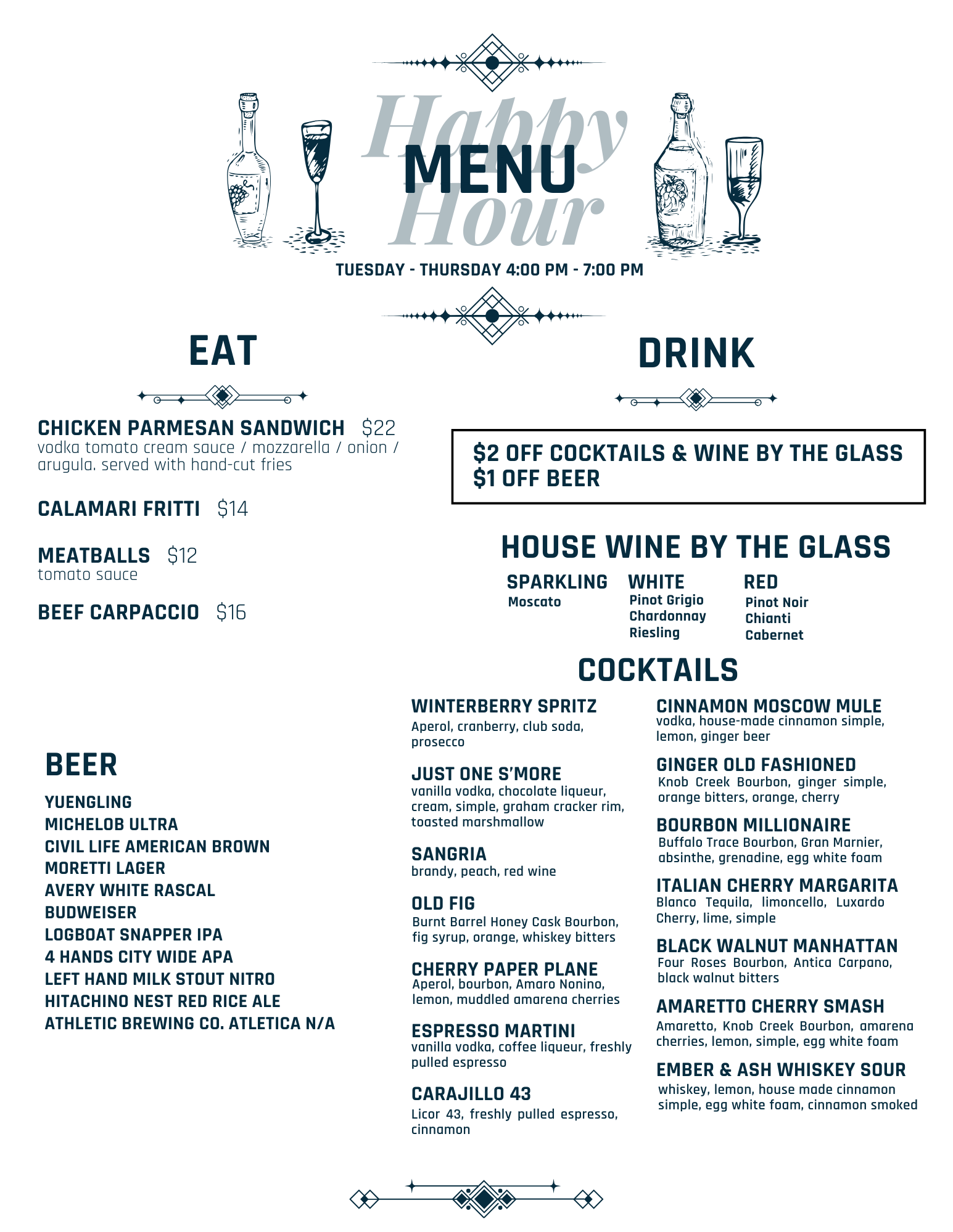 A dark-themed happy hour menu with cocktail and wine illustrations at the top. The menu offers food, drinks, beer, wine, and cocktail options with prices, including discounts on cocktails and wine by the glass from Tuesday to Thursday, 4:00 PM to 7:0