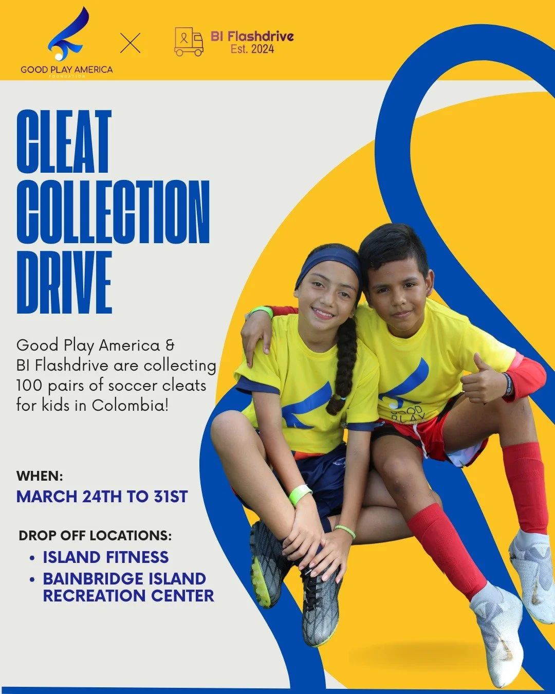 ⚽ DONATE CLEATS, CHANGE LIFES! ⚽

Good Play America &amp; BI Flashdrive are collecting new &amp; gently used soccer cleats (and soccer balls) for underserved kids in Colombia. Your donation gives young athletes the chance to play, grow, and thrive!

