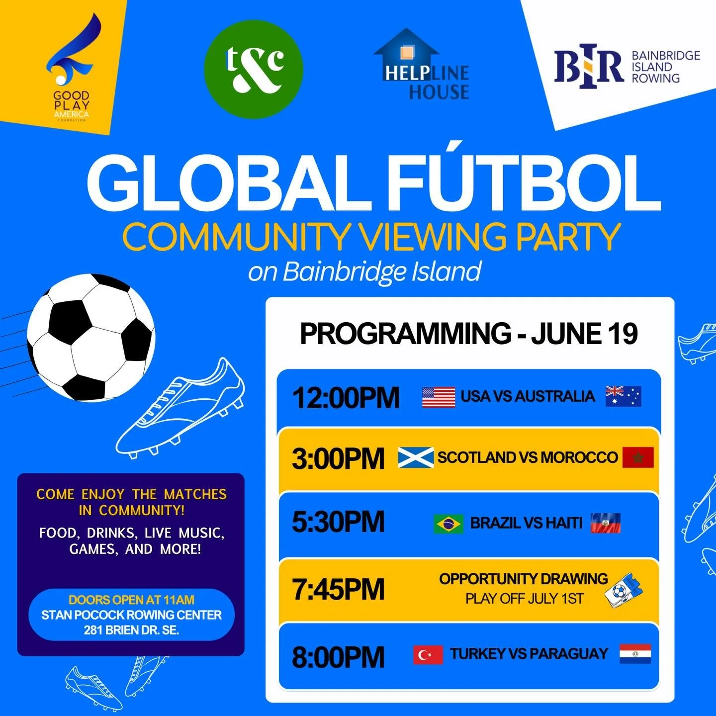 ⚽️ BIG NEWS, BAINBRIDGE! 🌎
We are bringing the ultimate Community Viewing Party to the island on June 19th! 

Get ready for an all-day soccer marathon at the Bainbridge Rowing boathouse. And yes, the community is winning big on this one!✨

This is a