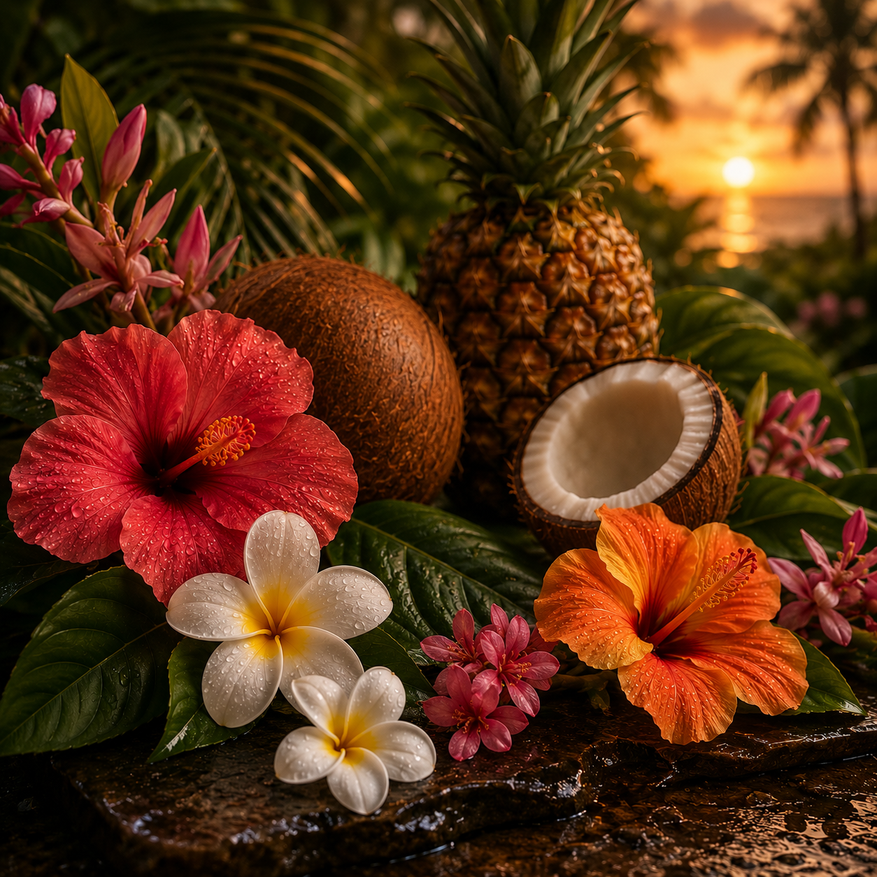 Tropical Blossom: Escape to a sun-kissed oasis with Tropical Blossom, a vibrant fragrance bursting with lush florals and juicy tropical fruits. Bright citrus and sweet pineapple open the scent with a refreshing splash, while exotic hibiscus, jasmine,