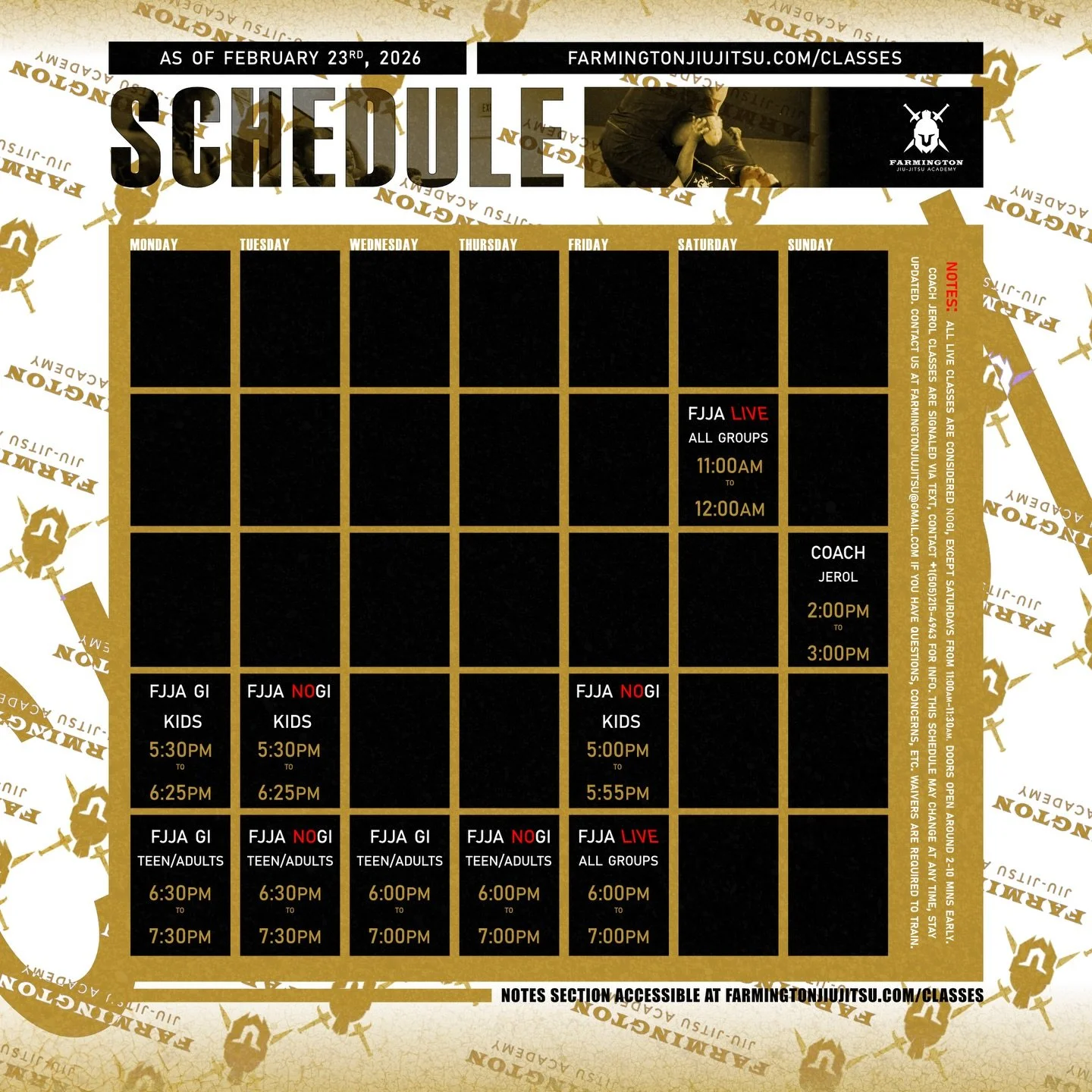 Our latest weekly schedule calendar! 🗓️ Join us at farmingtonjiujitsu.com, where you can lead the way. Our newest changes to the schedule include:

1. Monday classes moved to 5:30-8:00PM.
2. Tuesday classes moved to 5:30PM-8:00PM

More in-depth clas